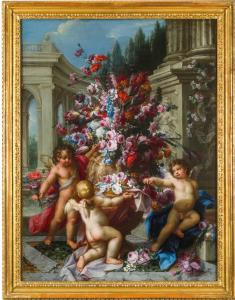 Gaspar Lopez (Napoli, 1658 ca. – Firenze 1740) Autore putti: Placido Costanzi (?) (Roma, 1702 – 1759) Due nature morte di fiori in eleganti ville con putti che giocano  VENDUTI    